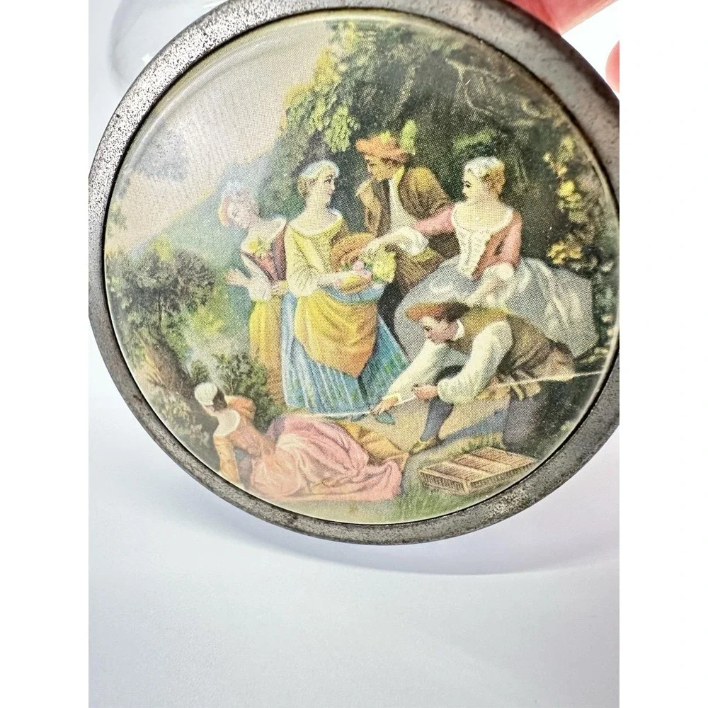 Vintage Glass Vanity Powder Jar Pastoral Courting Scene Metal Lid 3.5